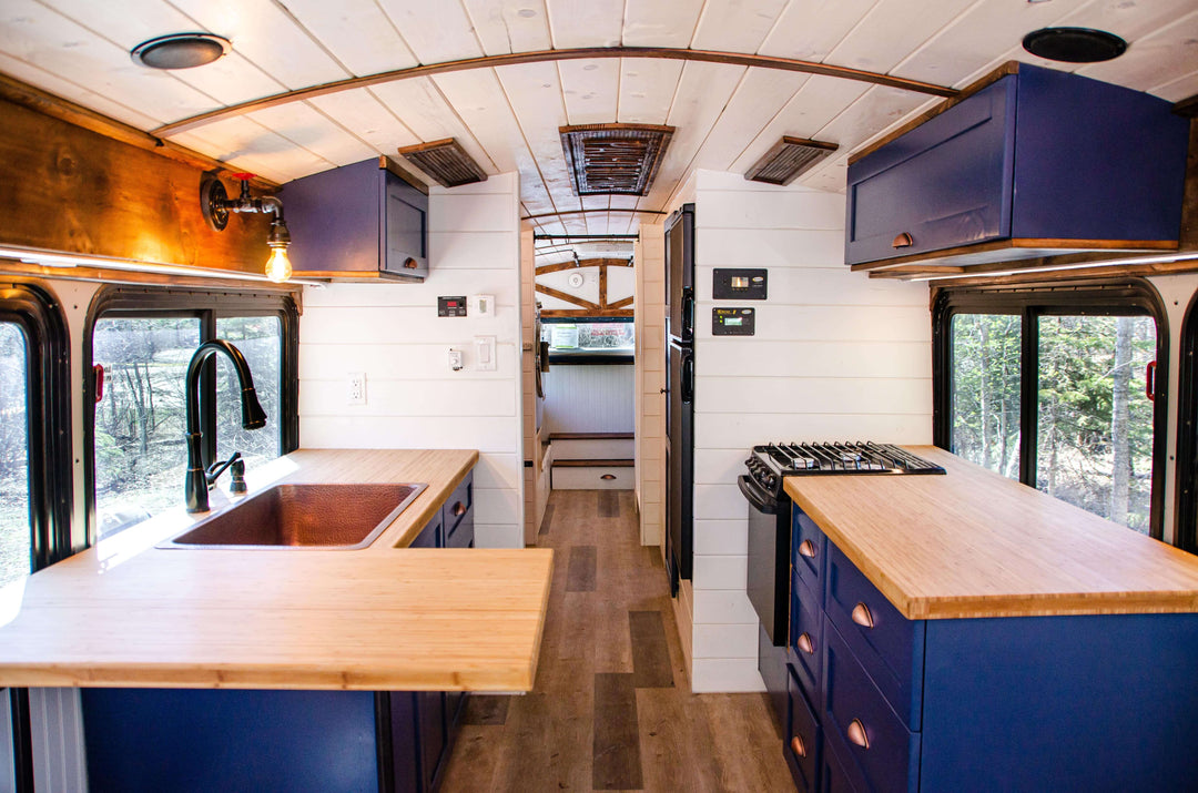 MODERN farmhouse school bus conversion with wood accents