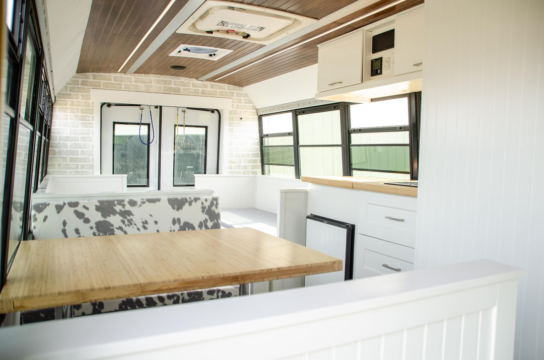 short skoolie conversion interior