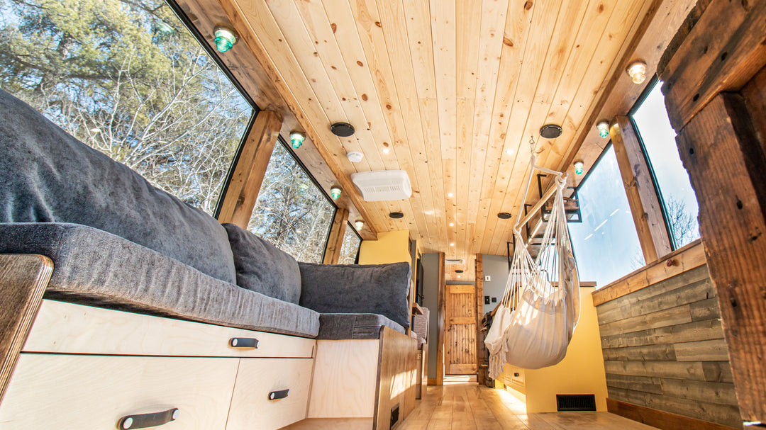 Prevost Charter Coach bus conversion with wood accents